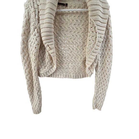 525 America Women's Cardigan Sweater Fisherman Knit Open Front Crop Cream Size M - Picture 2 of 6